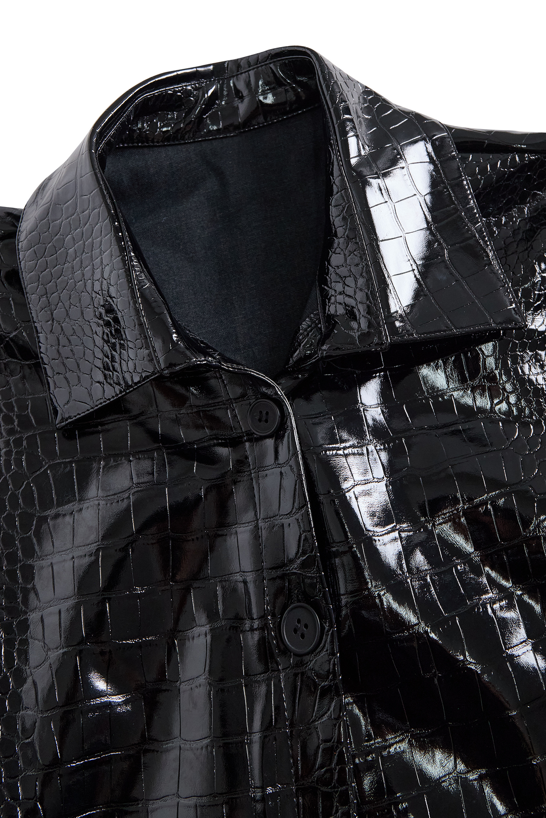 Glossy Black Crocodile Embossed Faux Leather Shirt