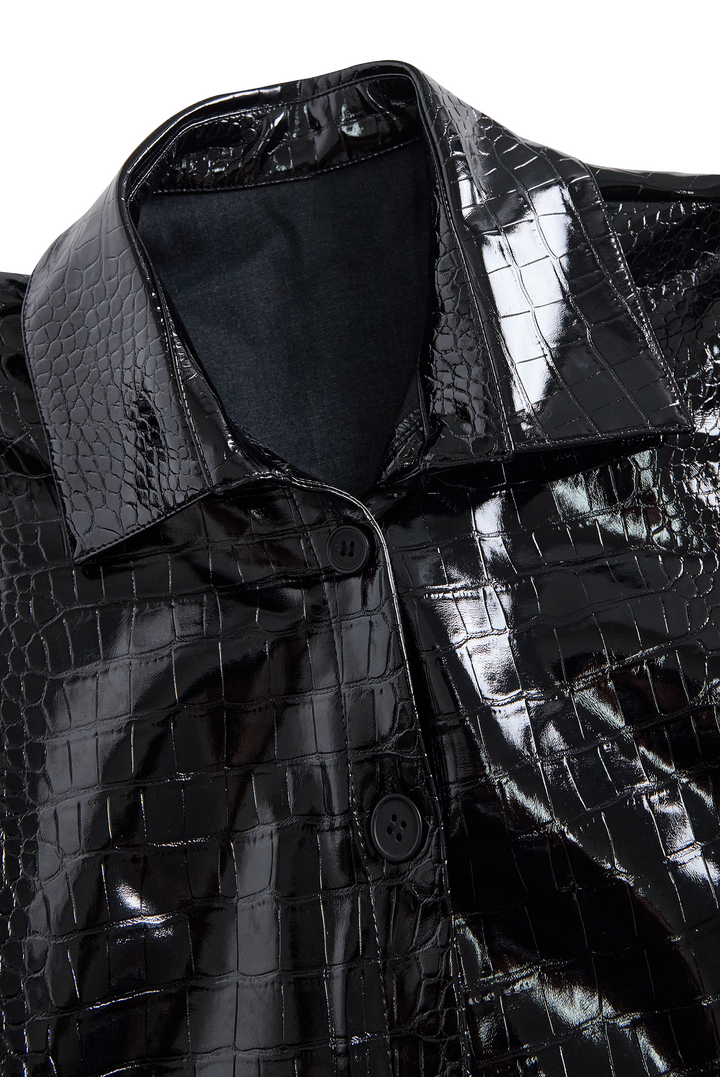 Glossy Black Crocodile Embossed Faux Leather Shirt