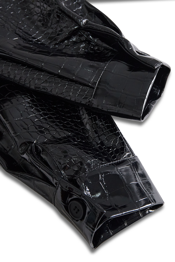 Glossy Black Crocodile Embossed Faux Leather Shirt