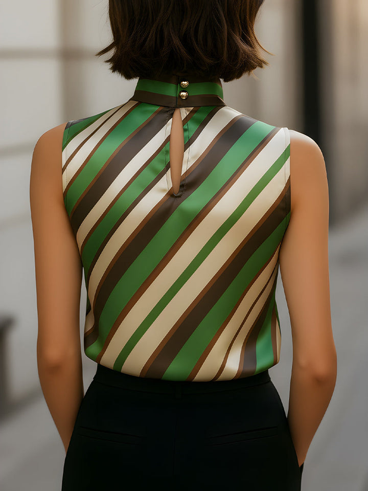 Satin Striped Sleeveless Blouse with High Neck