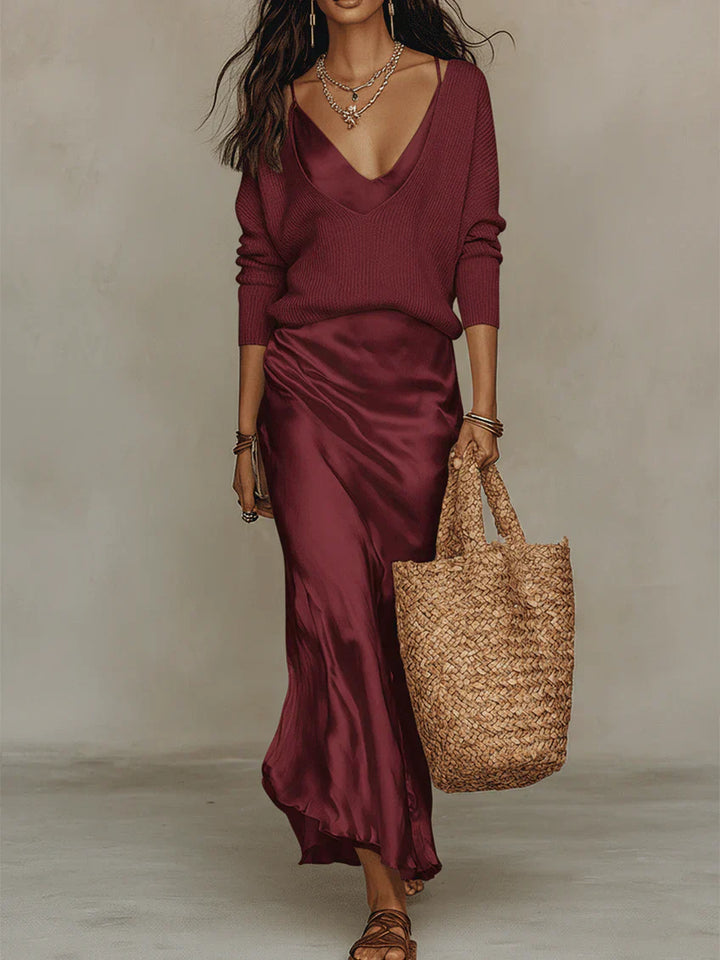 Elara | Satin Midi Dress with Matching Sweater