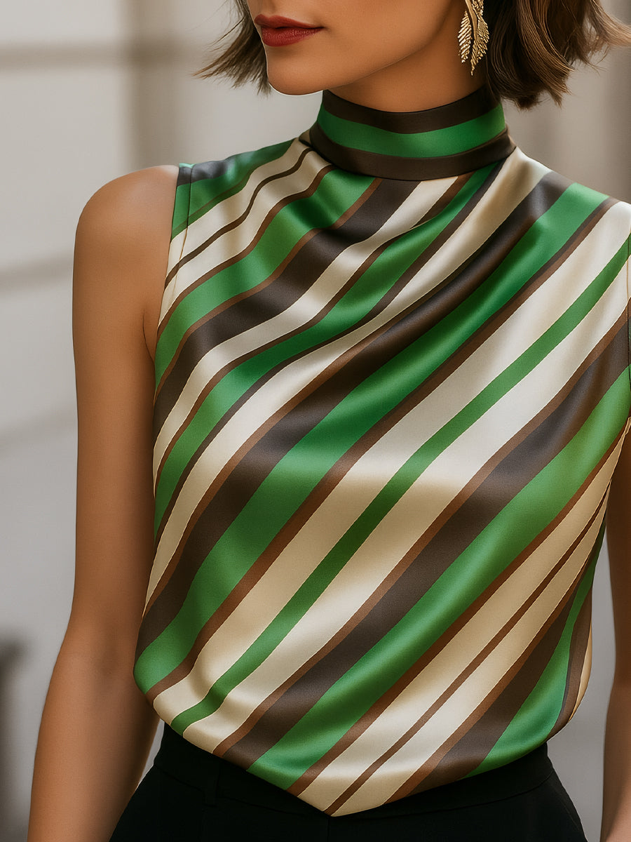 Satin Striped Sleeveless Blouse with High Neck