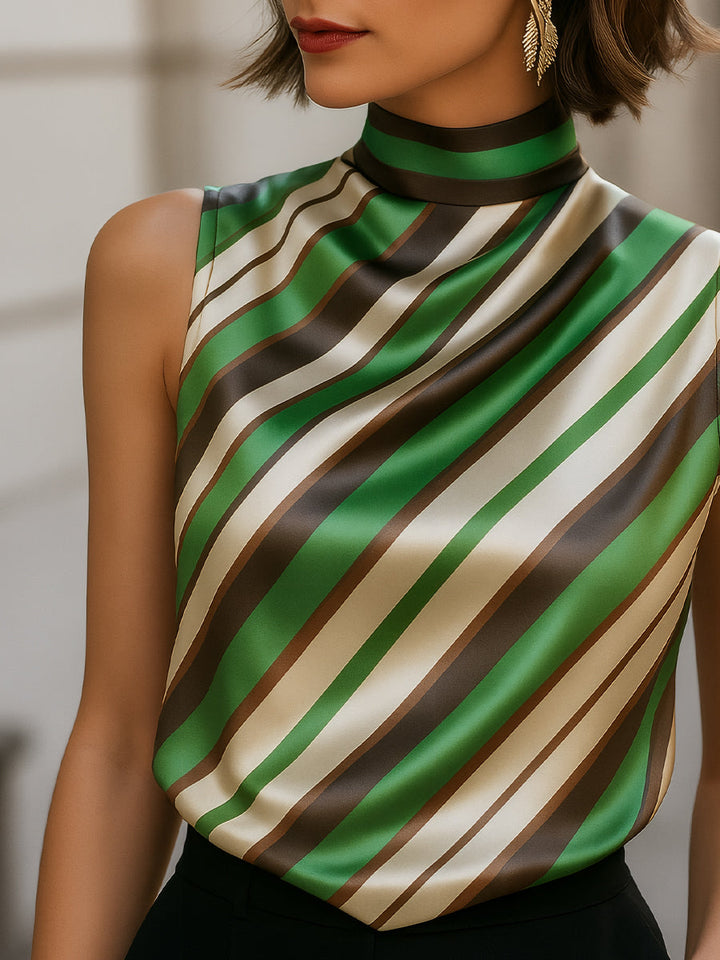 Satin Striped Sleeveless Blouse with High Neck