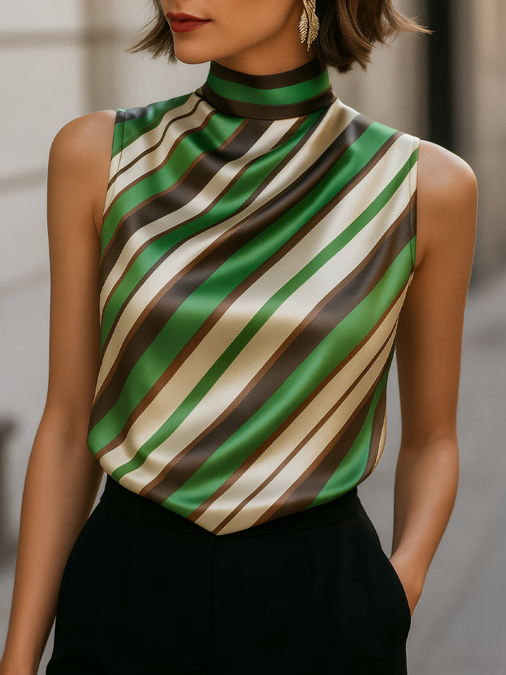 Satin Striped Sleeveless Blouse with High Neck
