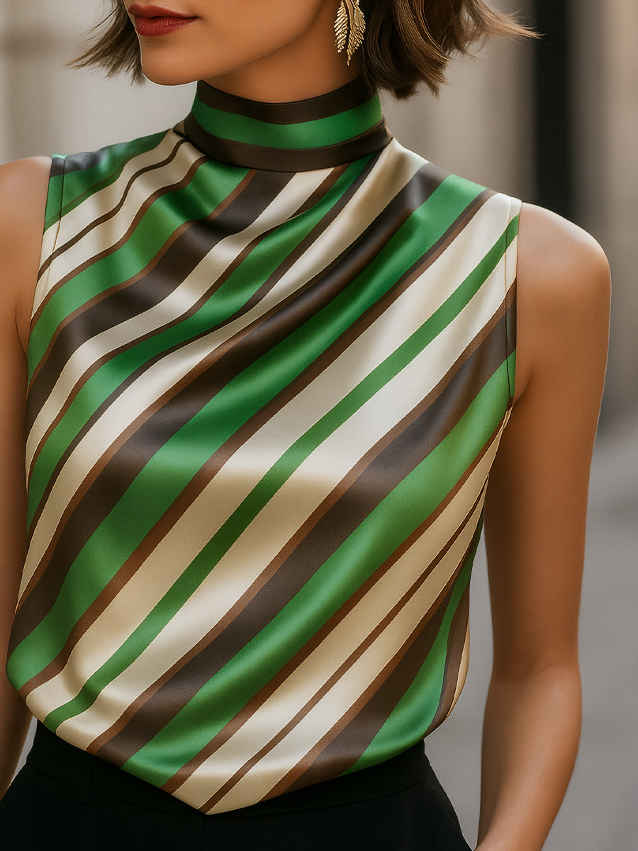 Satin Striped Sleeveless Blouse with High Neck