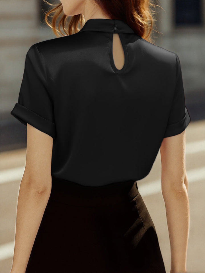Satin Blouse with Keyhole Neckline and Cuffed Sleeves