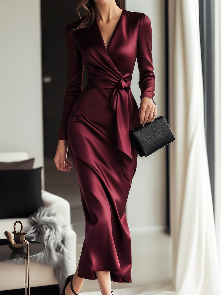Timeless Burgundy Satin Wrap Dress with Waist Tie