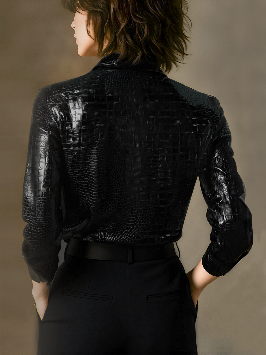 Glossy Black Crocodile Embossed Faux Leather Shirt