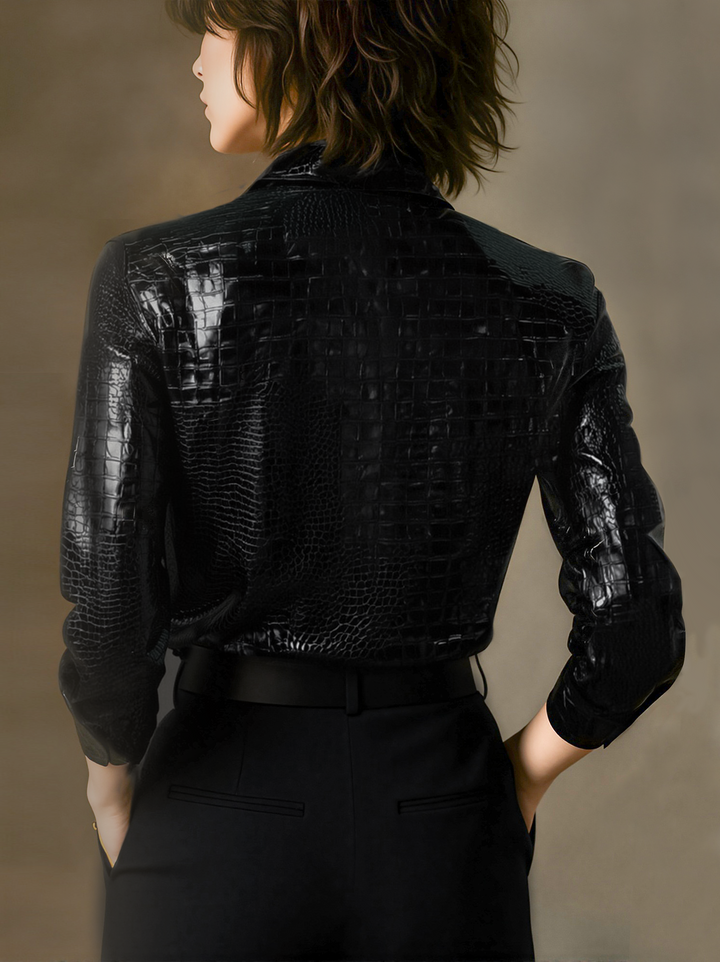 Glossy Black Crocodile Embossed Faux Leather Shirt