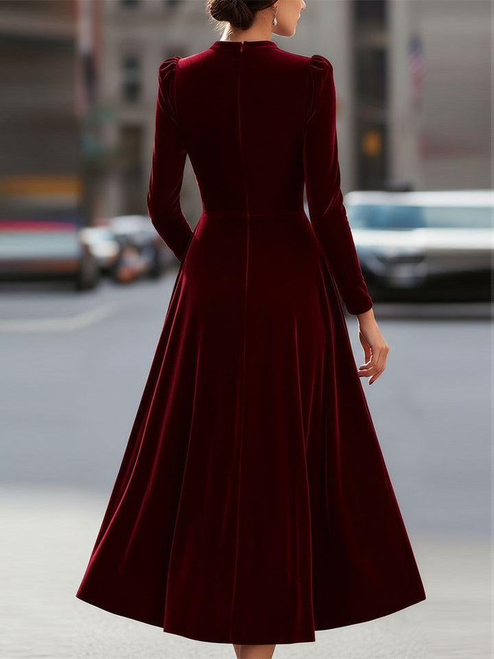 Navy Velvet Long Sleeve Midi Evening Dress