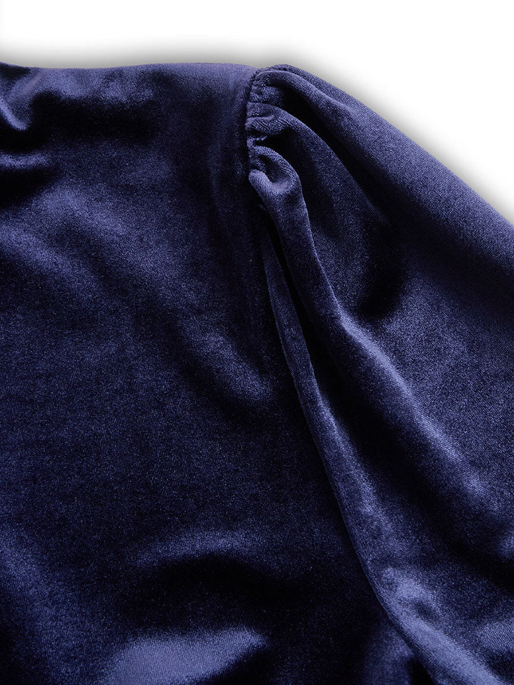 Navy Velvet Long Sleeve Midi Evening Dress