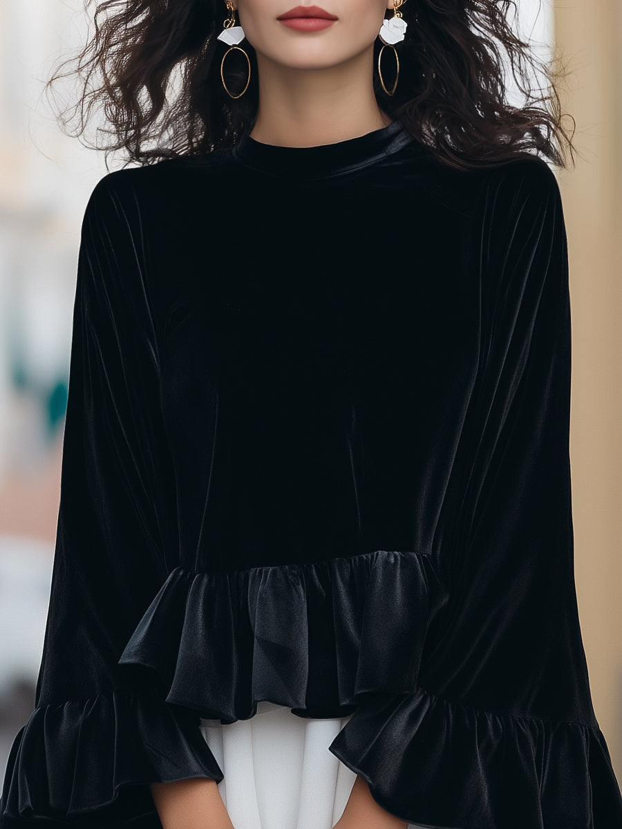 Black Velvet Blouse with Ruffle Trim and Bell Sleeves
