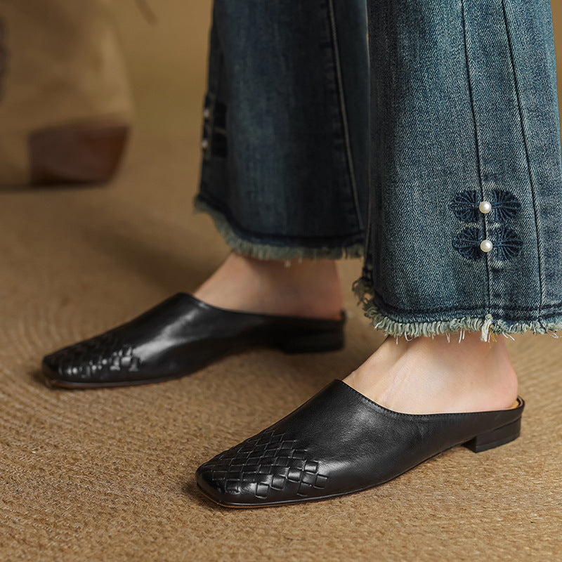 Helora | Woven Leather Square Toe Mules