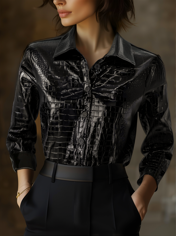 Glossy Black Crocodile Embossed Faux Leather Shirt