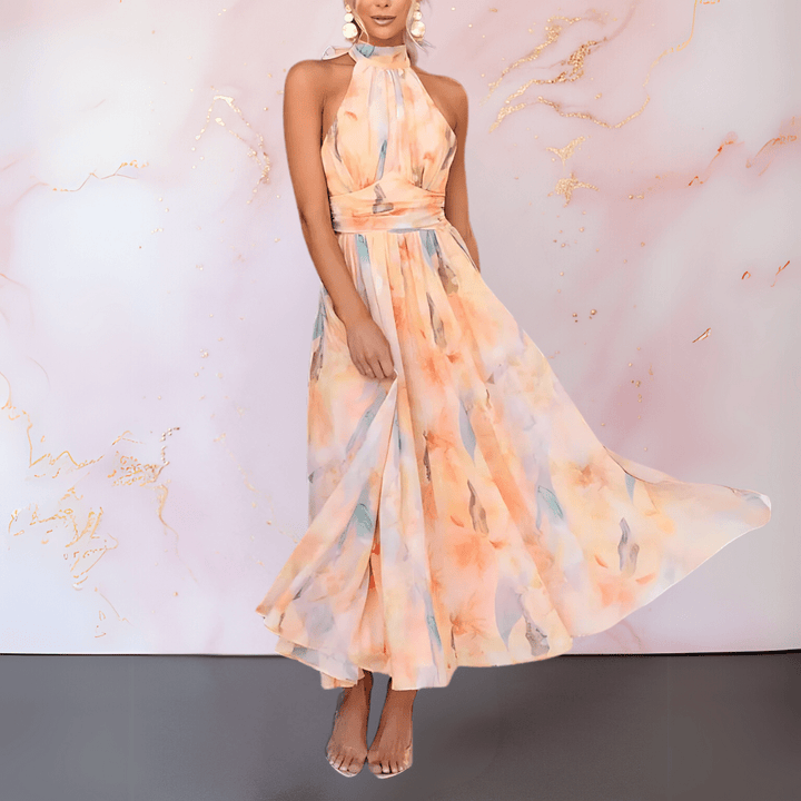 Liora | Halterneck Watercolour Print Maxi Dress