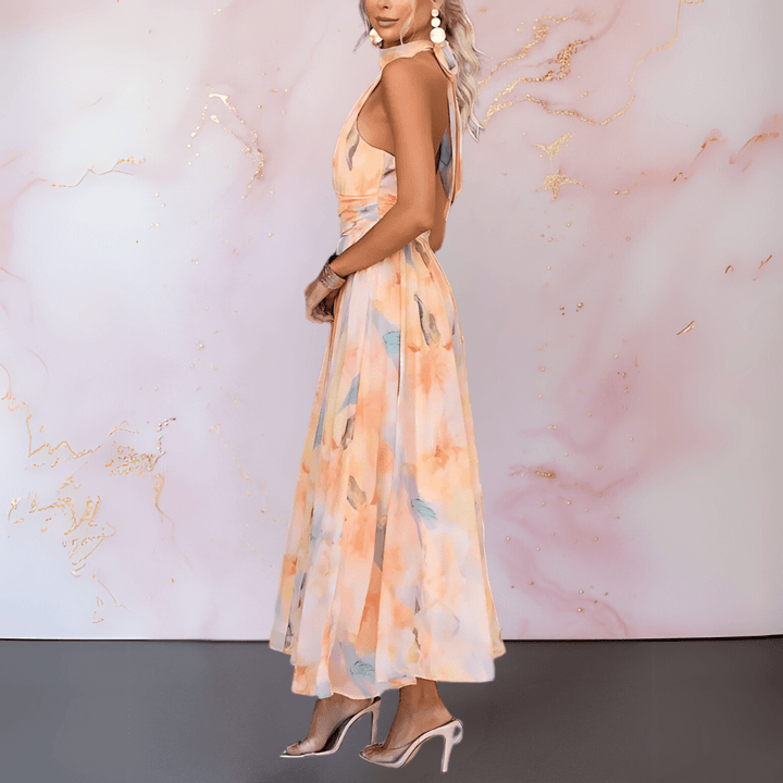 Liora | Halterneck Watercolour Print Maxi Dress